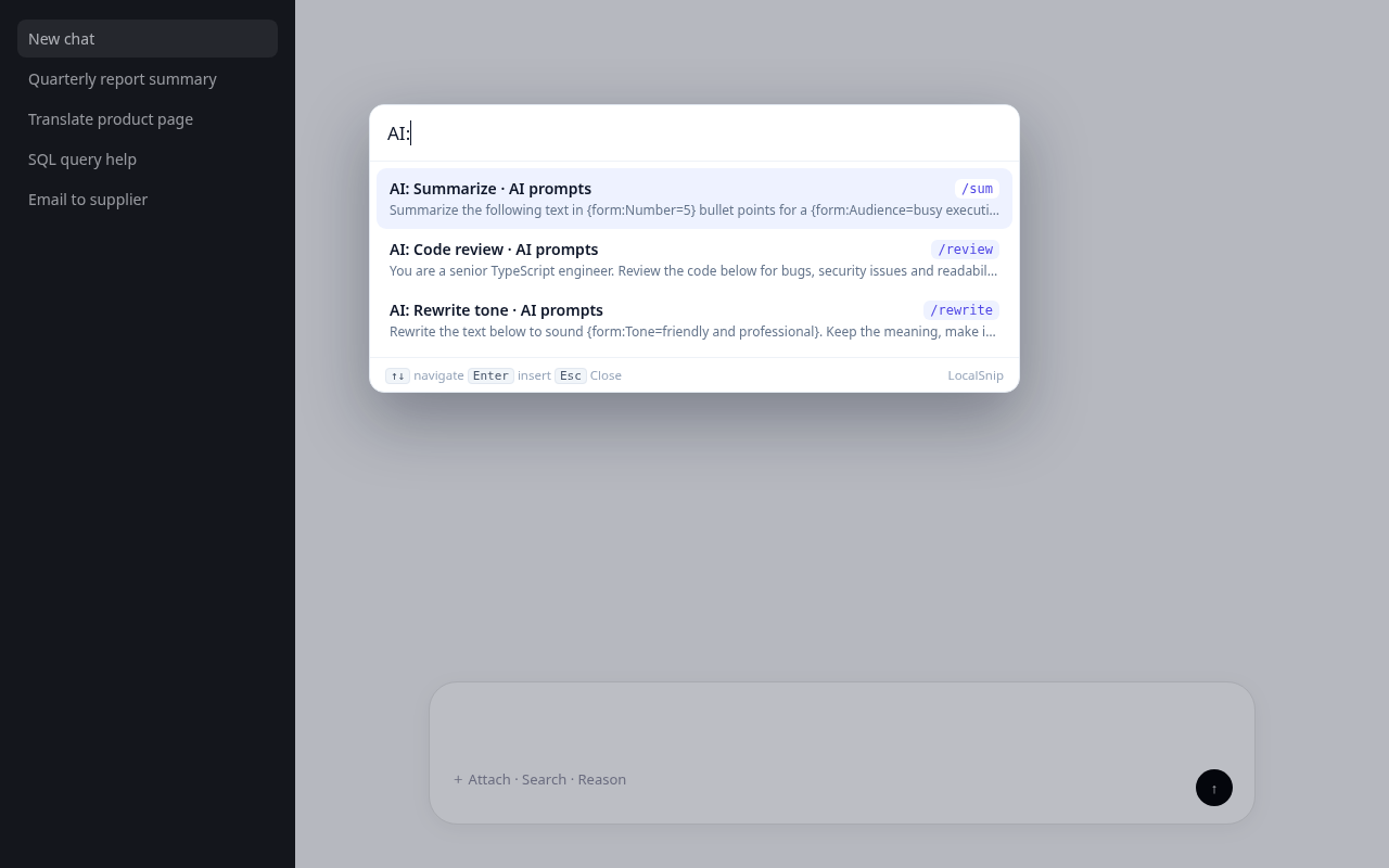 LocalSnip search palette in an AI chat box